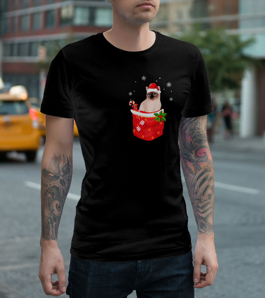 Xmas Siamese Cat with Santa Hat in Festive Red Pocket with Snowflakes and Candy Cane T-Shirt