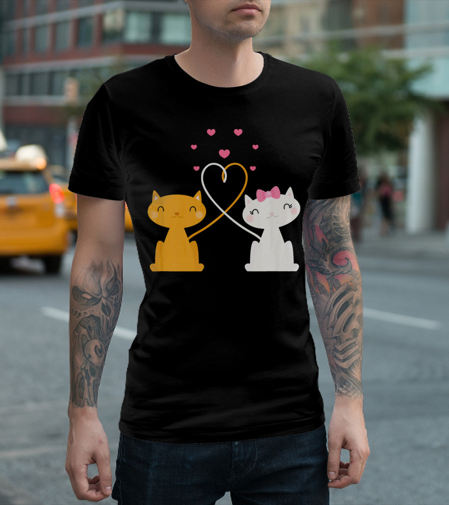 Valentines Day Cat Kitten Couple Heart Whiskers Bow Pink Hearts T-Shirt