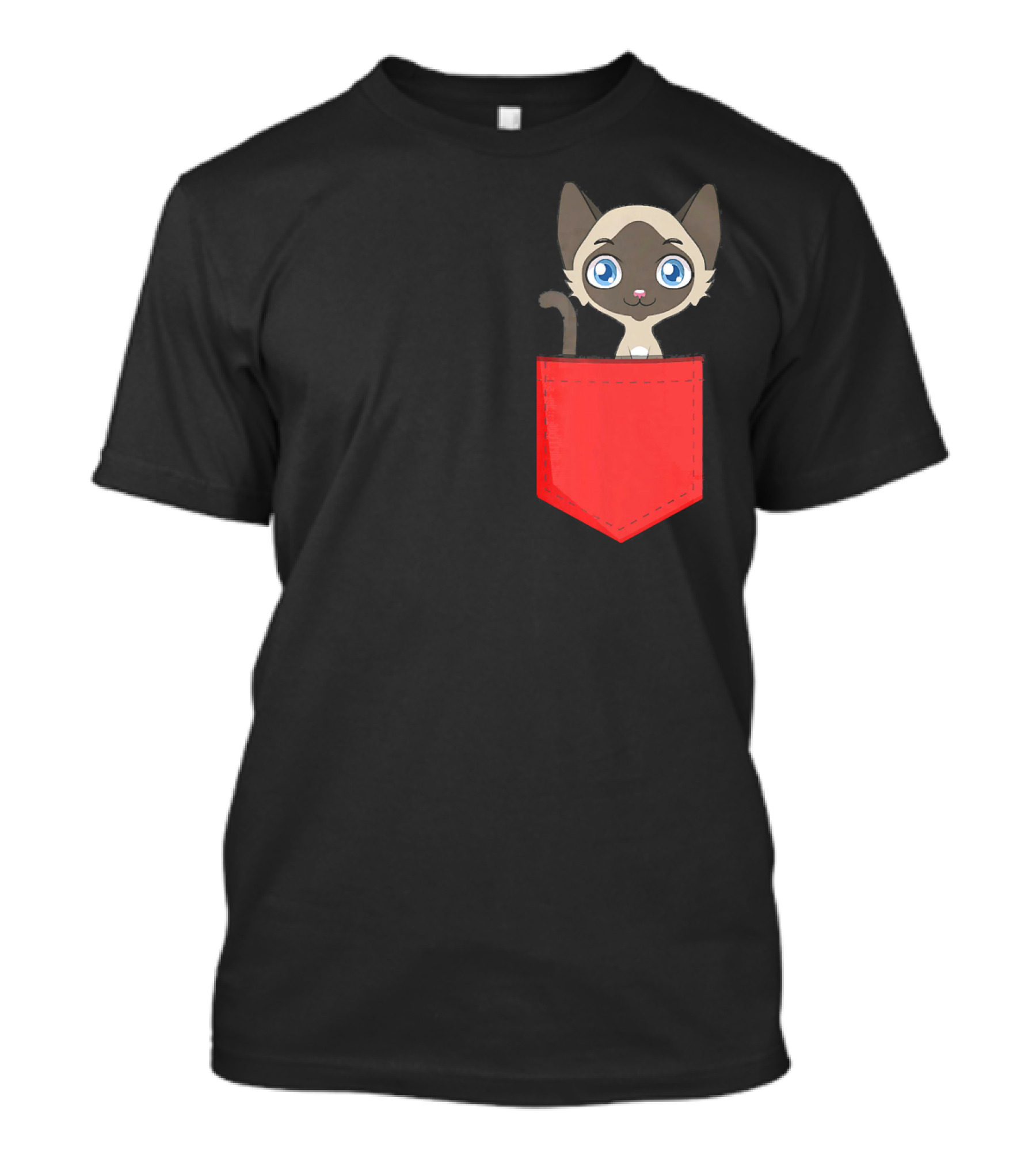 Cute Pocket Siamese Cat Black Red T-Shirt