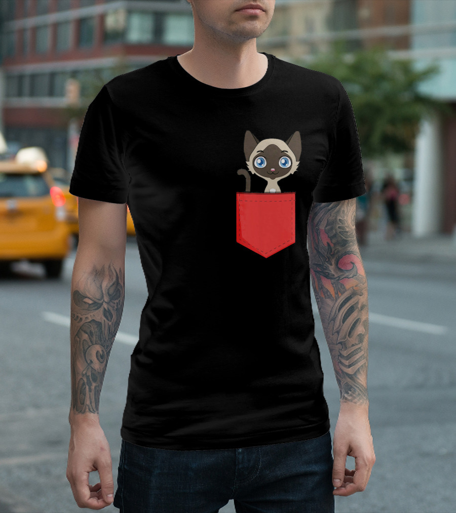 Cute Pocket Siamese Cat Black Red T-Shirt