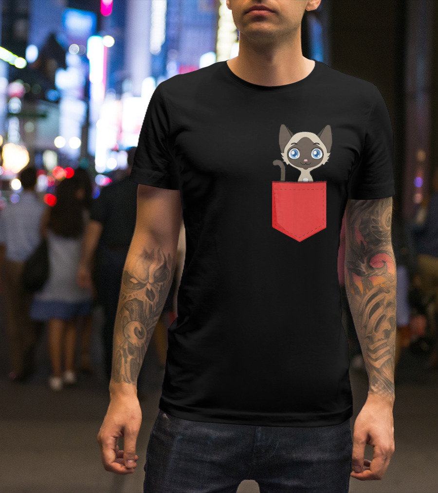 Cute Pocket Siamese Cat Black Red T-Shirt