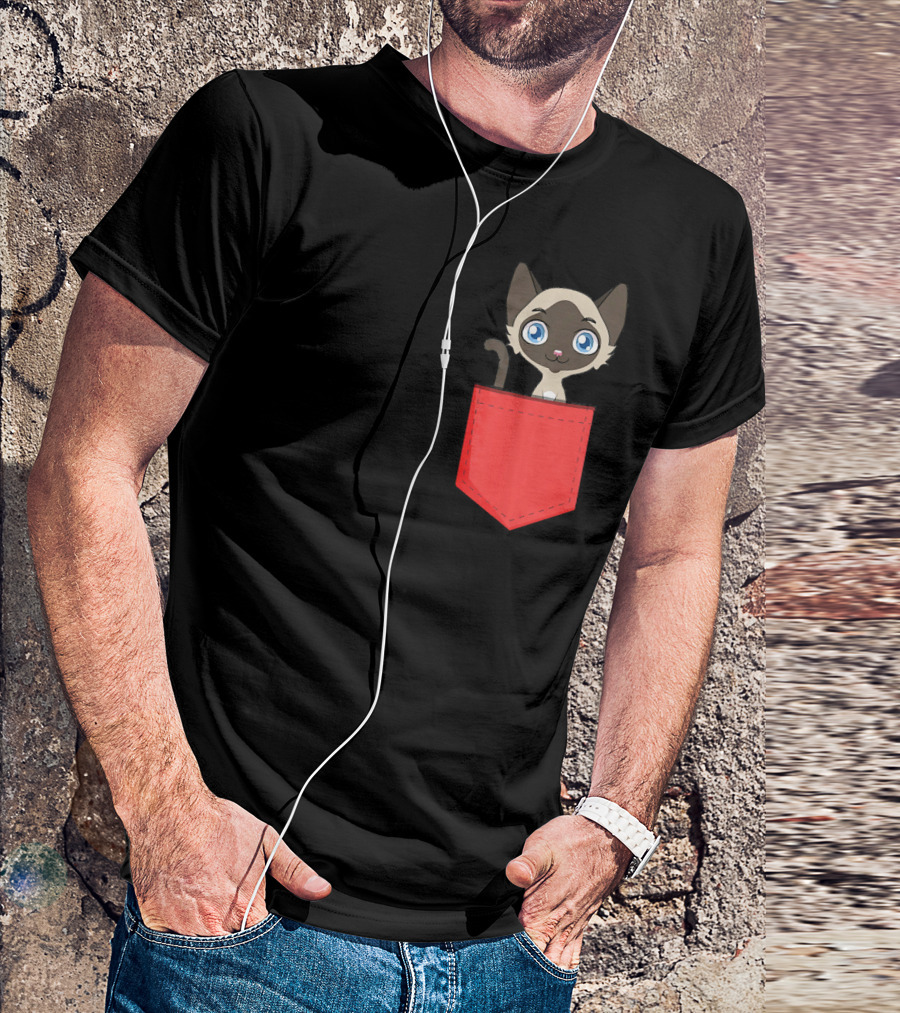 Cute Pocket Siamese Cat Black Red T-Shirt