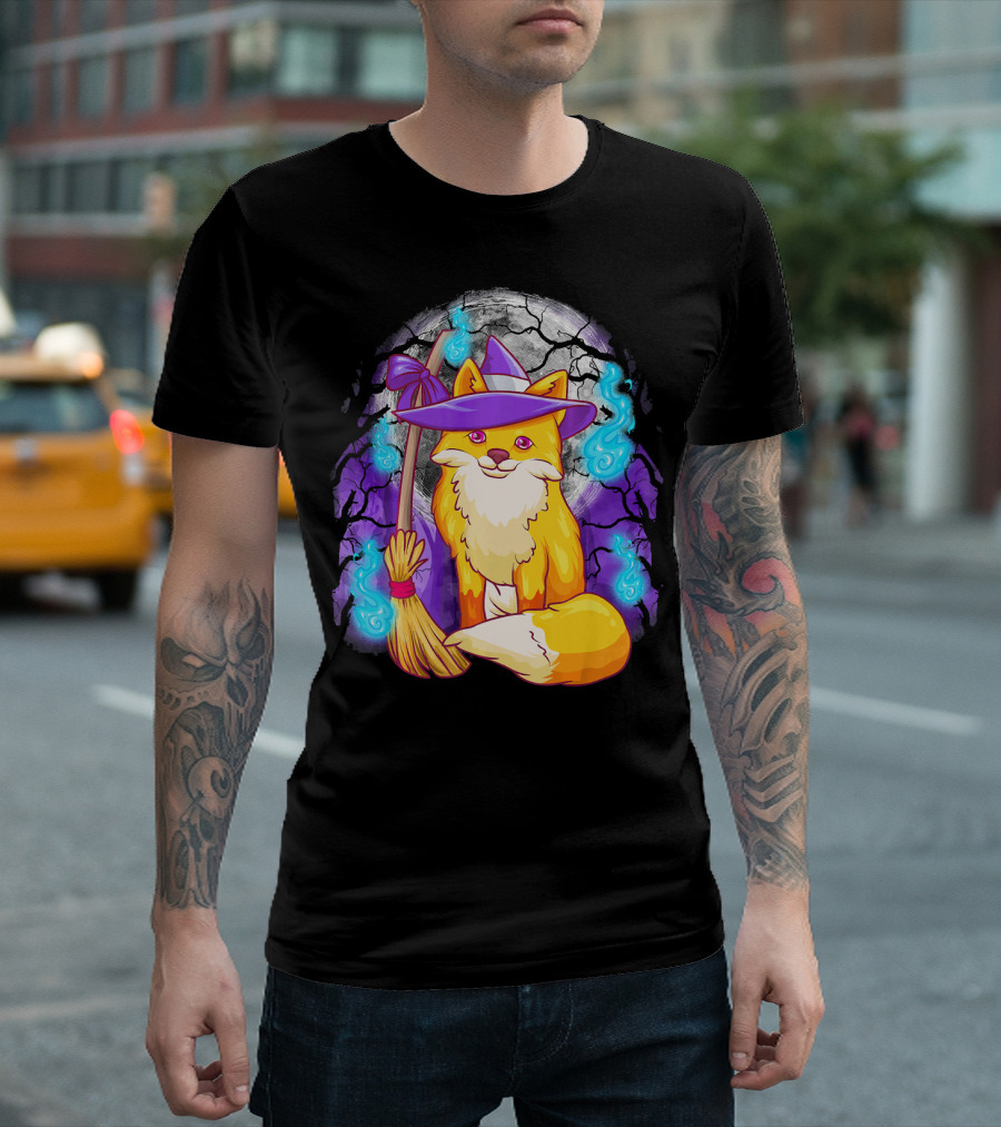 Cute Fox Witch With Broomstick And Moon Halloween Scene T-Shirt