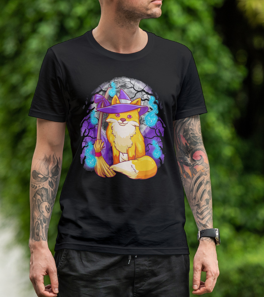 Cute Fox Witch With Broomstick And Moon Halloween Scene T-Shirt