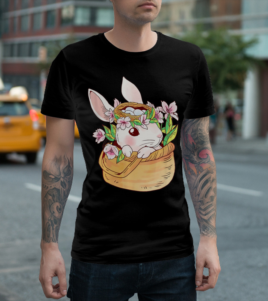 Cute Easter Bunny with Floral Crown in Woven Basket T-Shirt