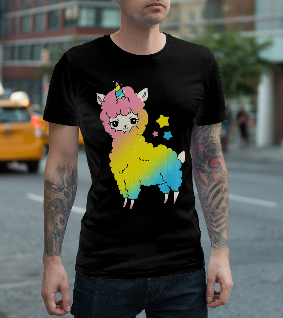 Cute Magical Llama Unicorn Rainbow Stars T-Shirt