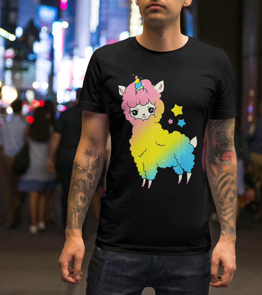 Cute Magical Llama Unicorn Rainbow Stars T-Shirt