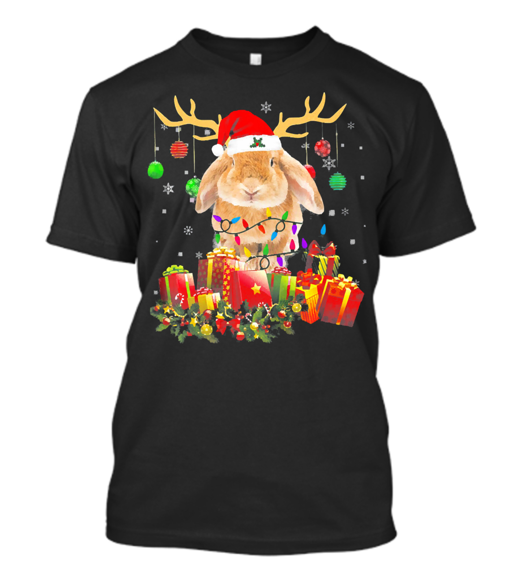 Bunny Rabbit Santa With Antlers Surrounded By Christmas Ornaments And Gifts T-Shirt