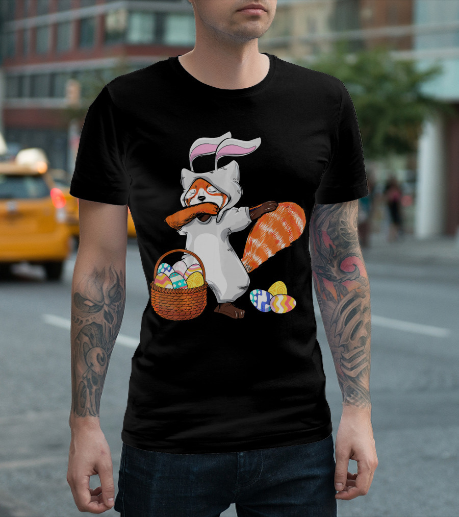 Dabbing Easter Bunny Costume Red Panda with Basket of Colorful Eggs Kids Girl T-Shirt
