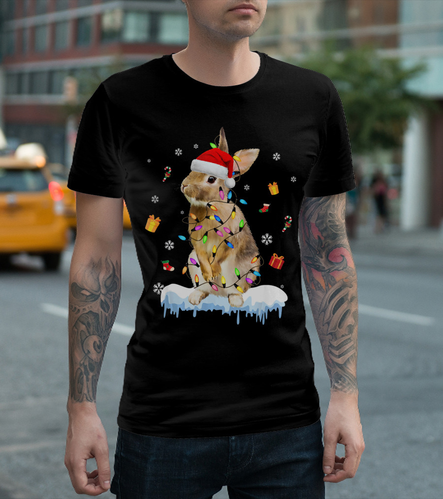 Bunny Rabbit with Santa Hat Wrapped in Christmas Lights and Gifts T-Shirt