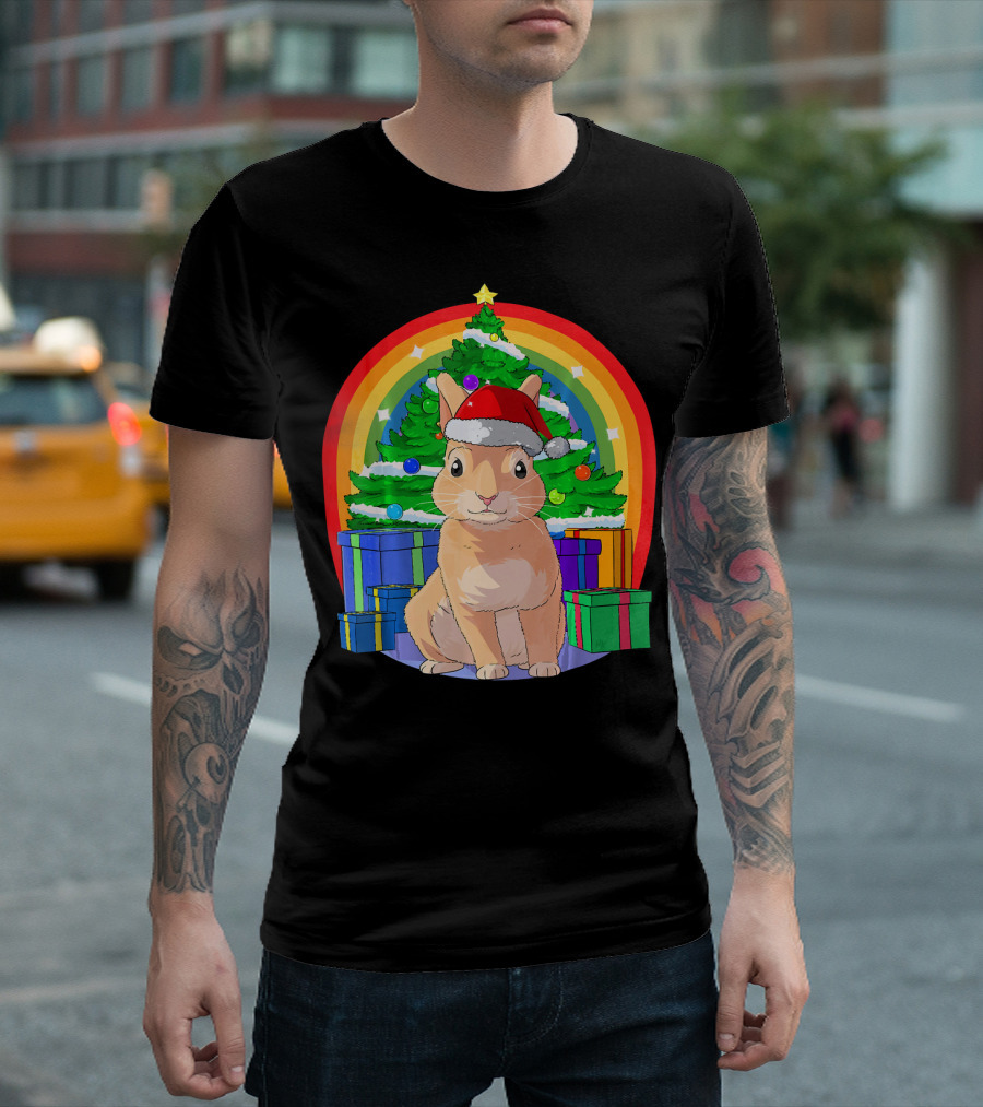 Christmas Bunny Rabbit Santa Hat Rainbow Tree T-Shirt