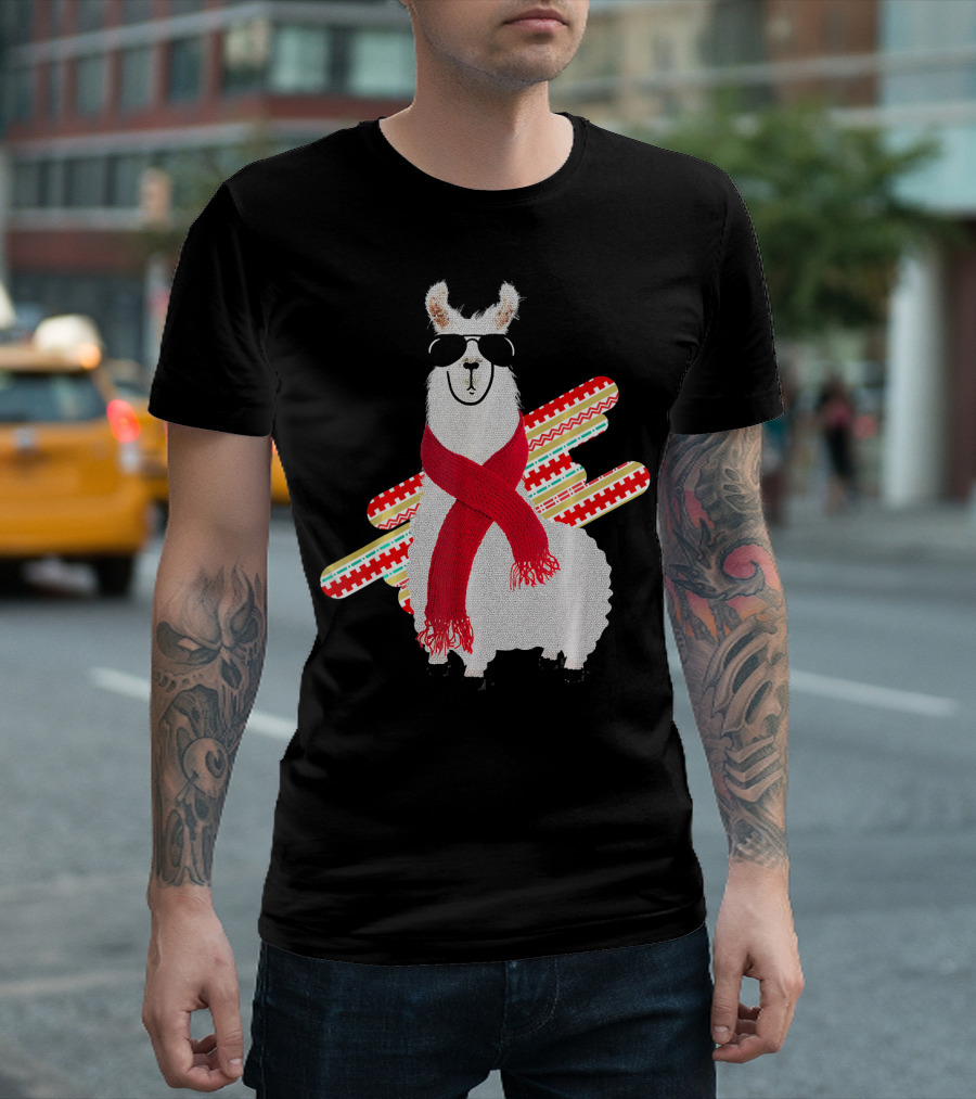 Skiing Llama Alpaca Sunglasses Red Scarf Winter T-Shirt