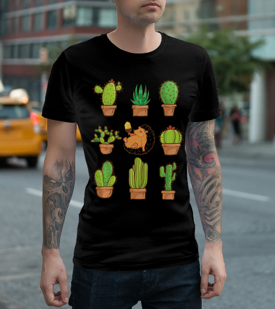 Cactus Collection with Ice Cream Embracing Hedgehog Among Plants T-Shirt