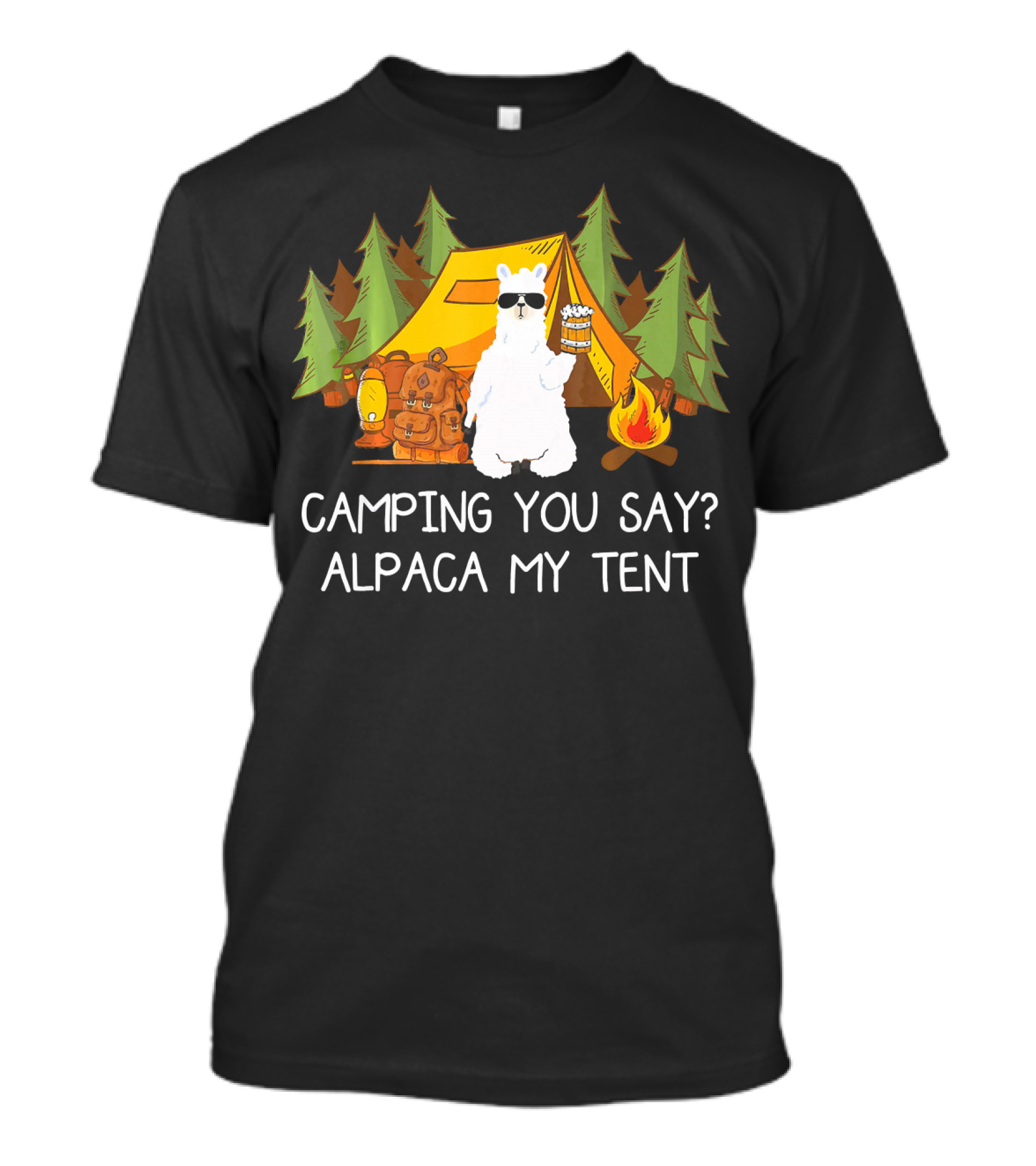 Camping You Say Alpaca My Tent Llama With Sunglasses And Campfire Scene T-Shirt