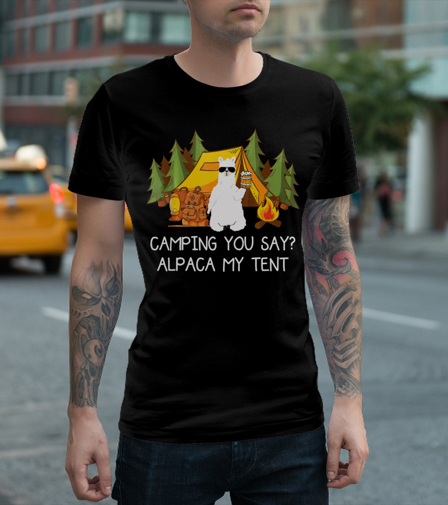 Camping You Say Alpaca My Tent Llama With Sunglasses And Campfire Scene T-Shirt