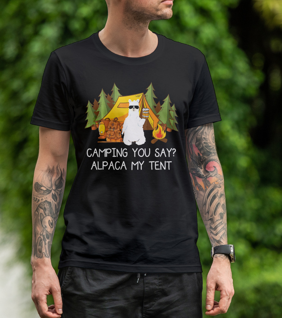 Camping You Say Alpaca My Tent Llama With Sunglasses And Campfire Scene T-Shirt