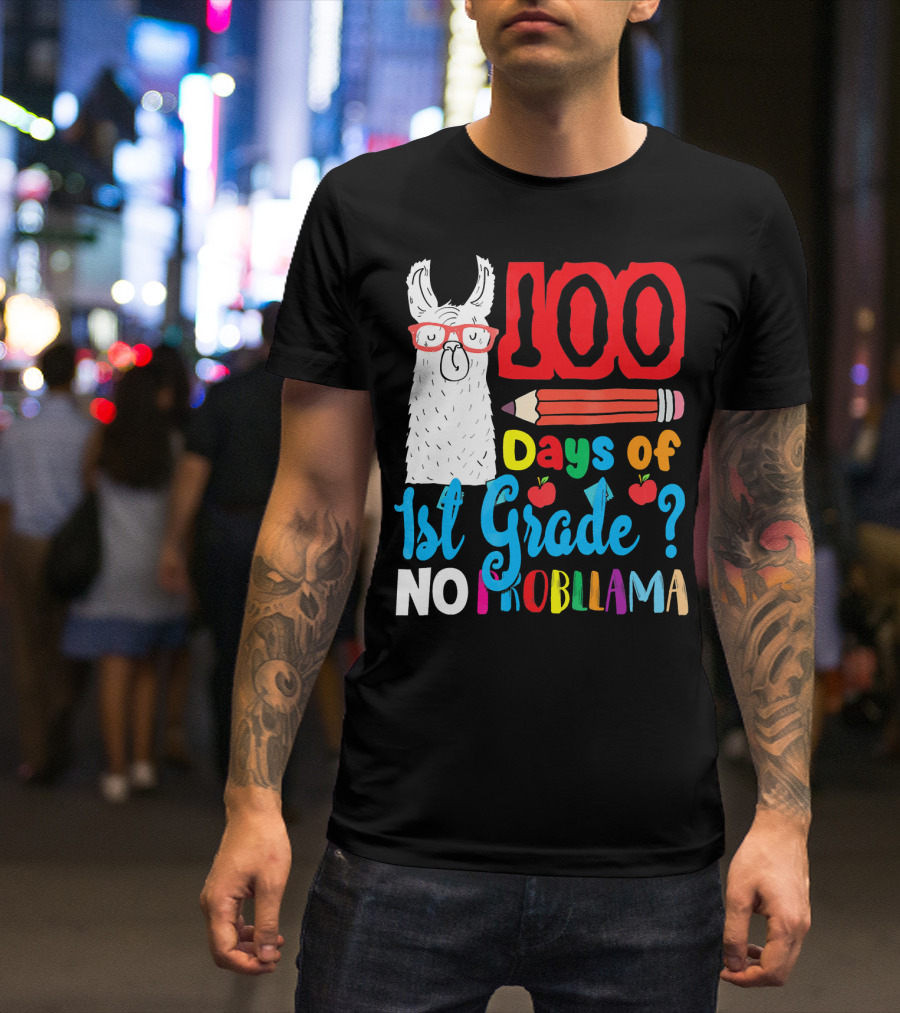 100 Days Of 1st Grade No Probllama Pencil Apples Llama T-Shirt