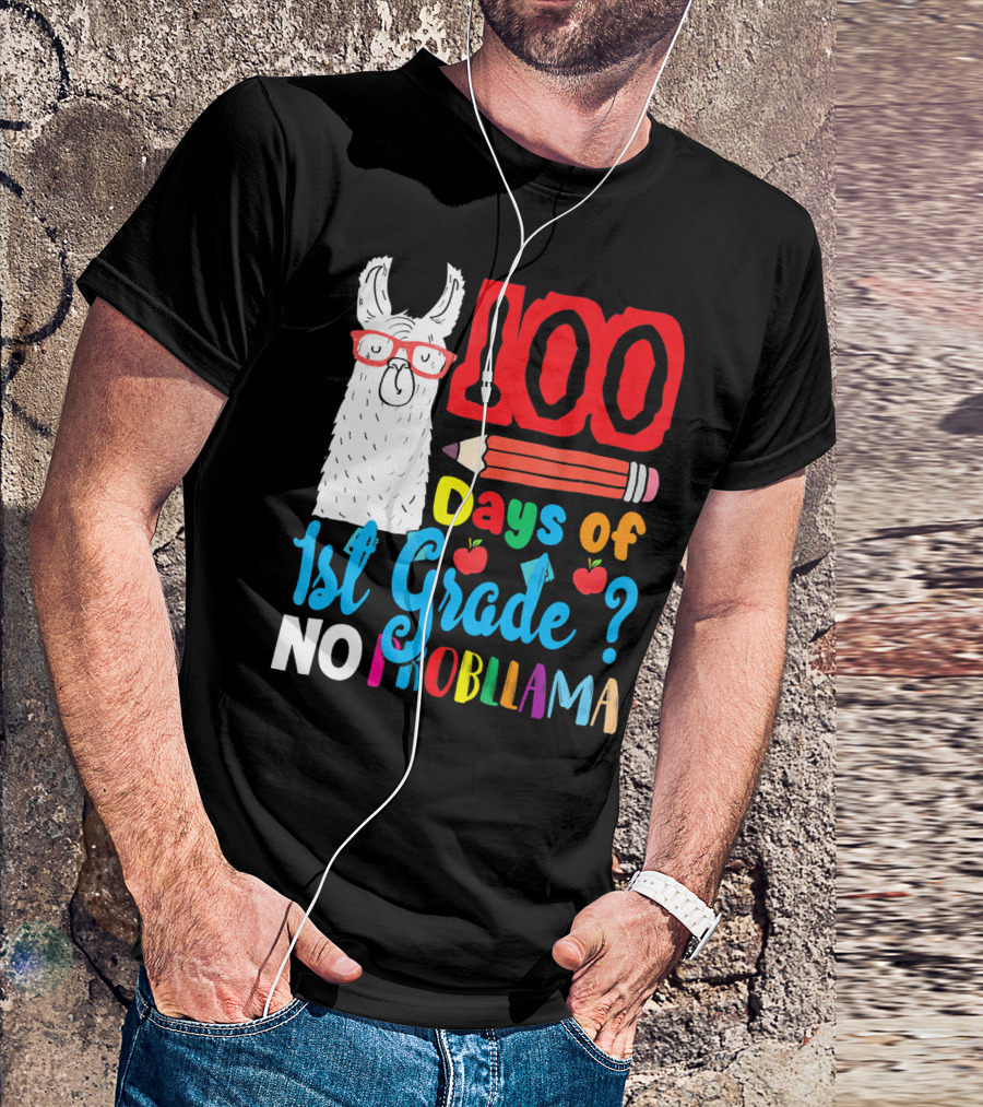 100 Days Of 1st Grade No Probllama Pencil Apples Llama T-Shirt