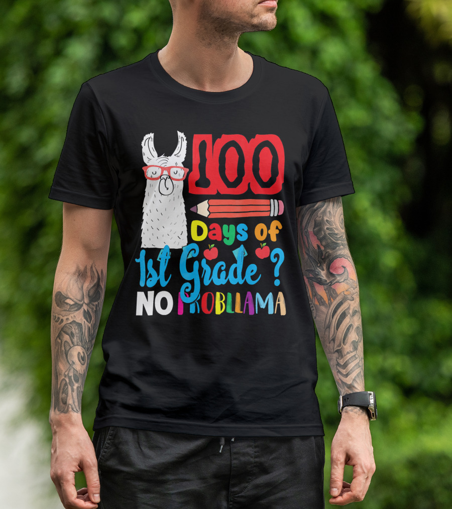 100 Days Of 1st Grade No Probllama Pencil Apples Llama T-Shirt