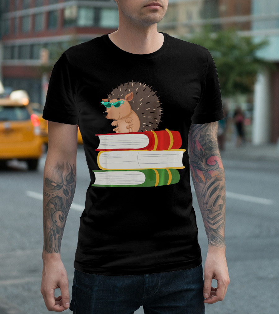 Cute Hedgehog Wearing Sunglasses on Stack of Colorful Books T-Shirt