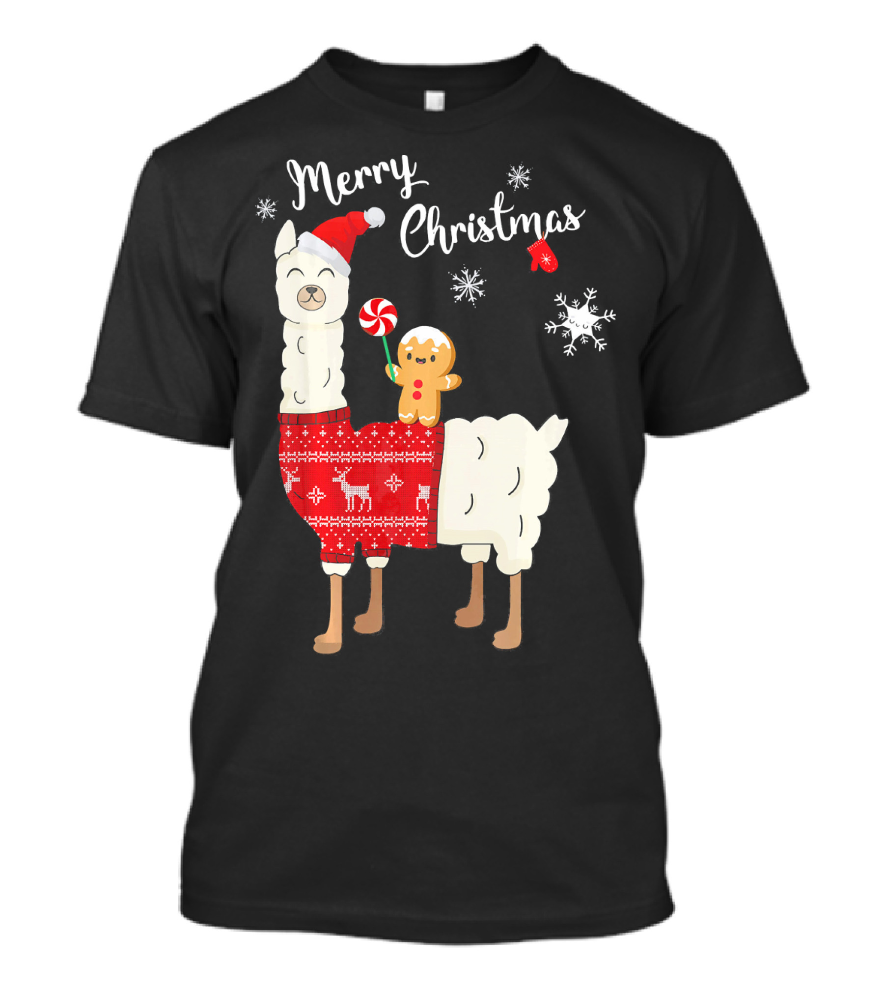 Merry Christmas Cute Funny Santa Llama Alpaca Gingerbread Snowflakes T-Shirt