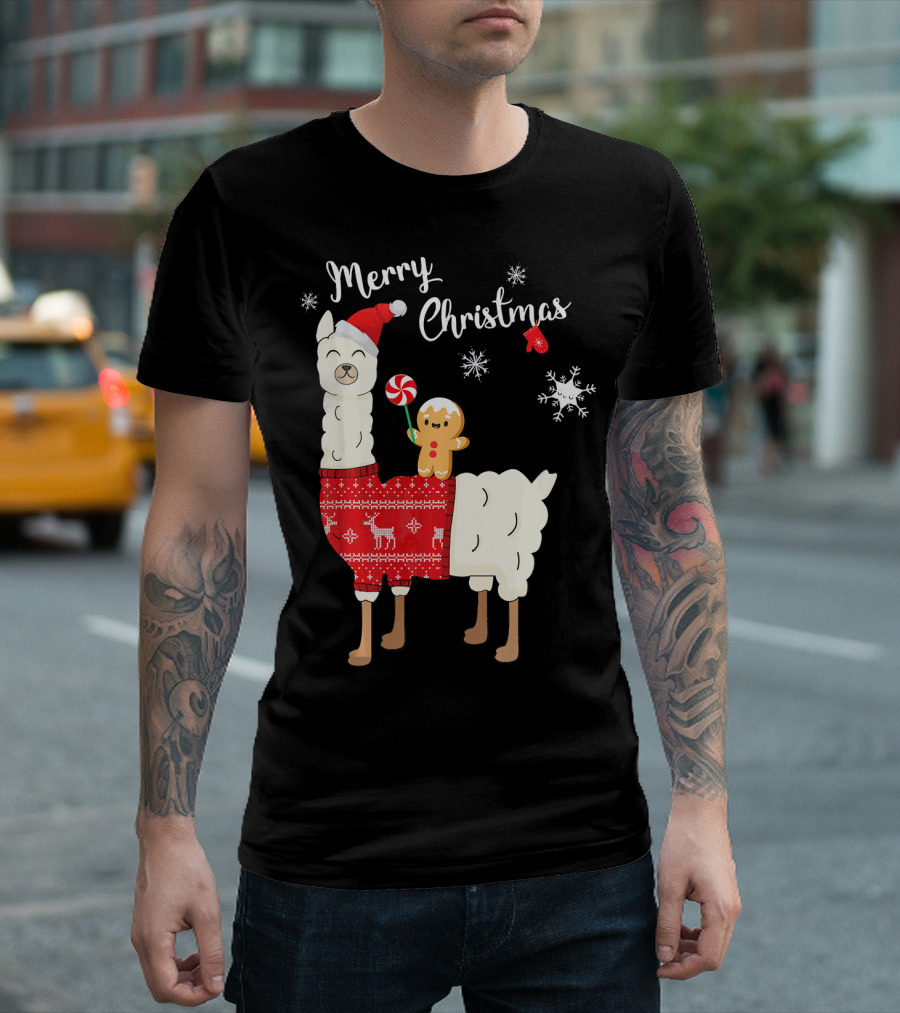 Merry Christmas Cute Funny Santa Llama Alpaca Gingerbread Snowflakes T-Shirt