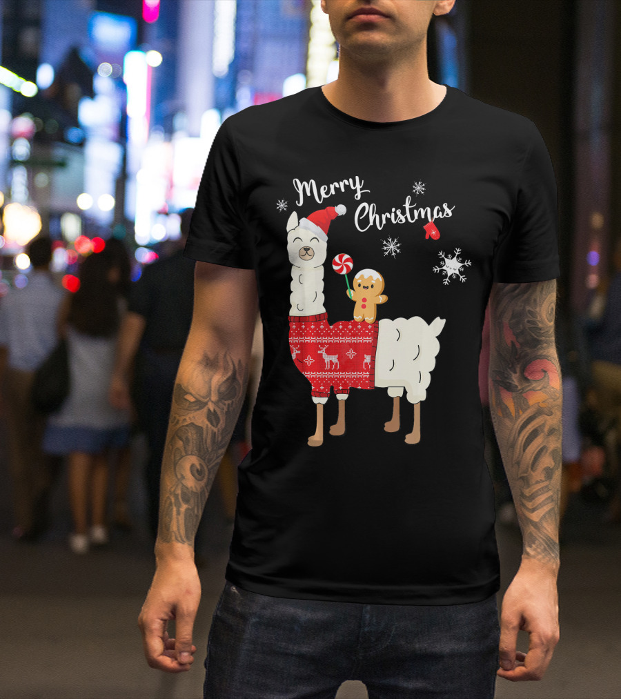 Merry Christmas Cute Funny Santa Llama Alpaca Gingerbread Snowflakes T-Shirt