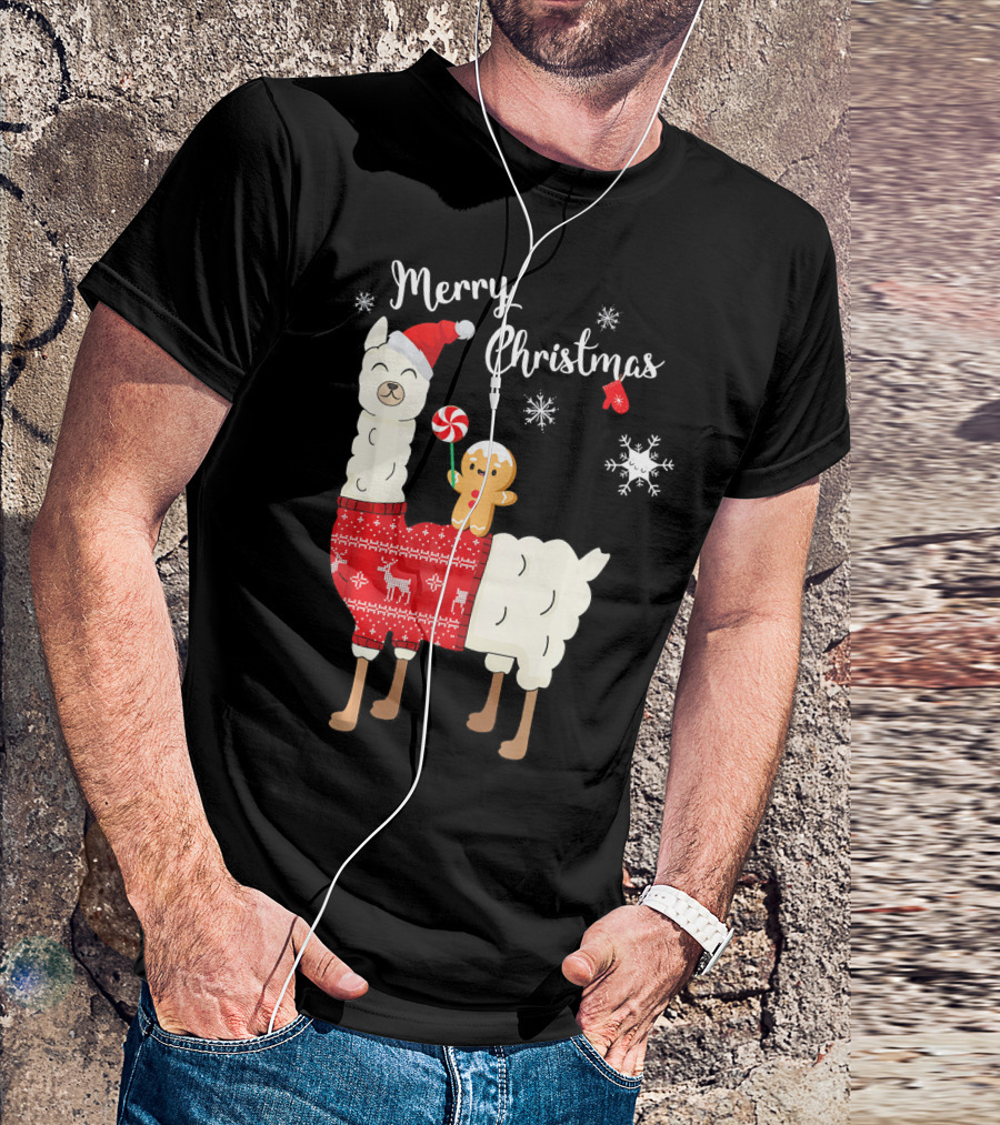 Merry Christmas Cute Funny Santa Llama Alpaca Gingerbread Snowflakes T-Shirt