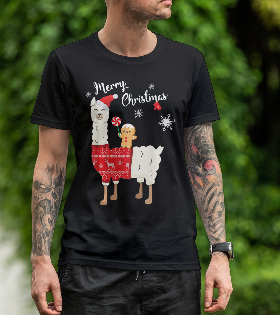 Merry Christmas Cute Funny Santa Llama Alpaca Gingerbread Snowflakes T-Shirt
