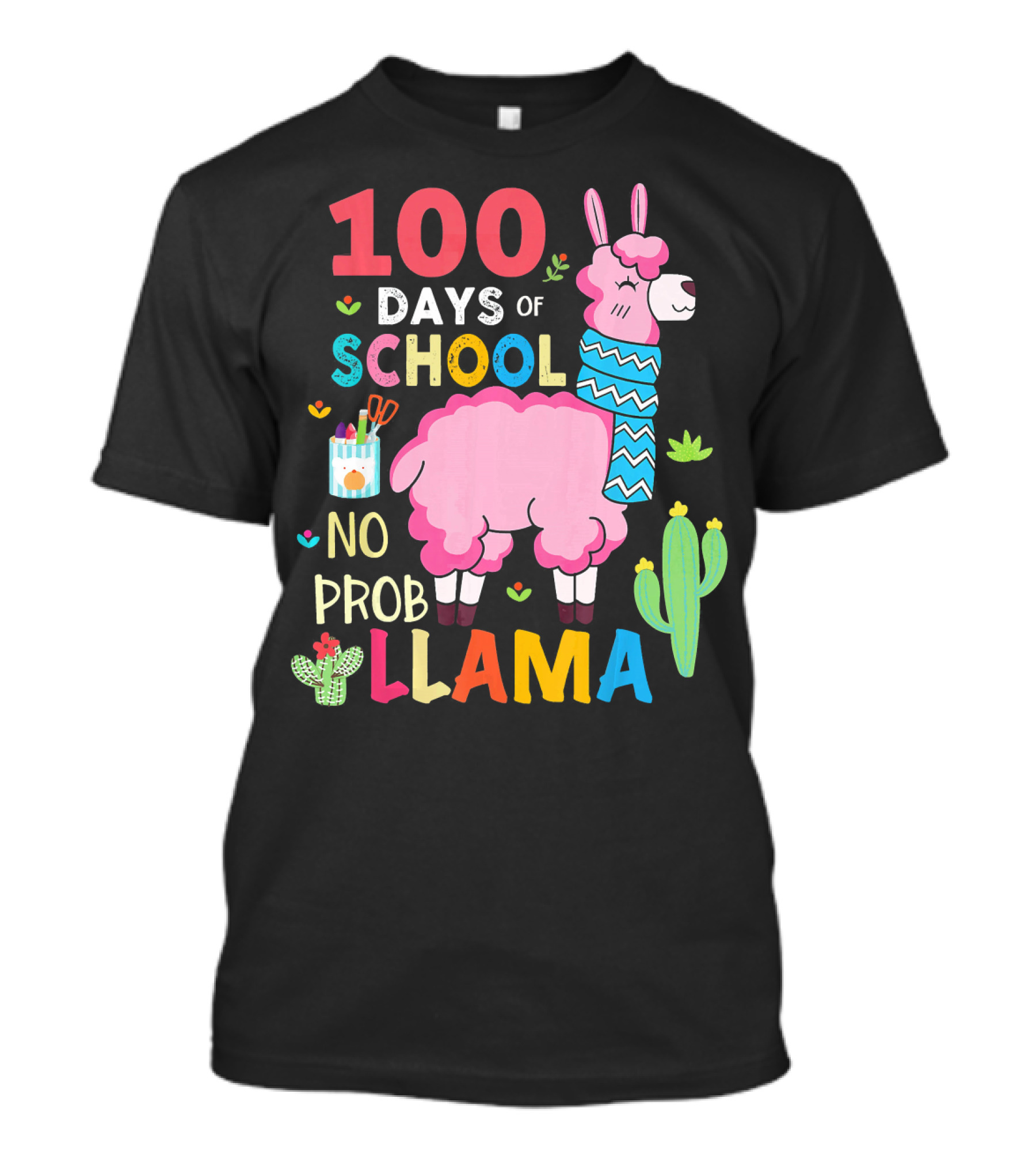 100 Days Of School No Probllama With Pink Llama And Cactus T-Shirt