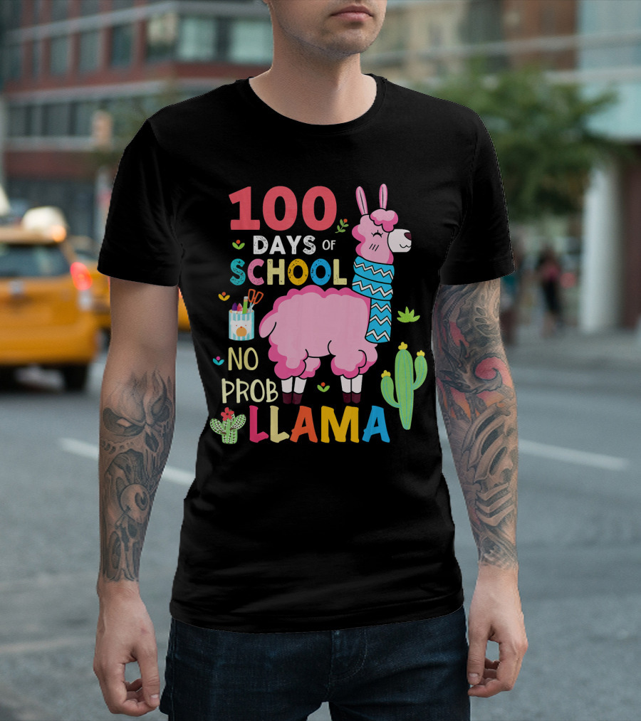 100 Days Of School No Probllama With Pink Llama And Cactus T-Shirt
