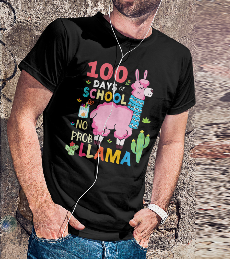 100 Days Of School No Probllama With Pink Llama And Cactus T-Shirt