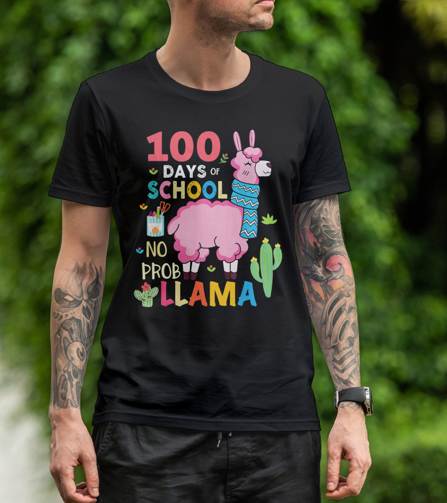 100 Days Of School No Probllama With Pink Llama And Cactus T-Shirt