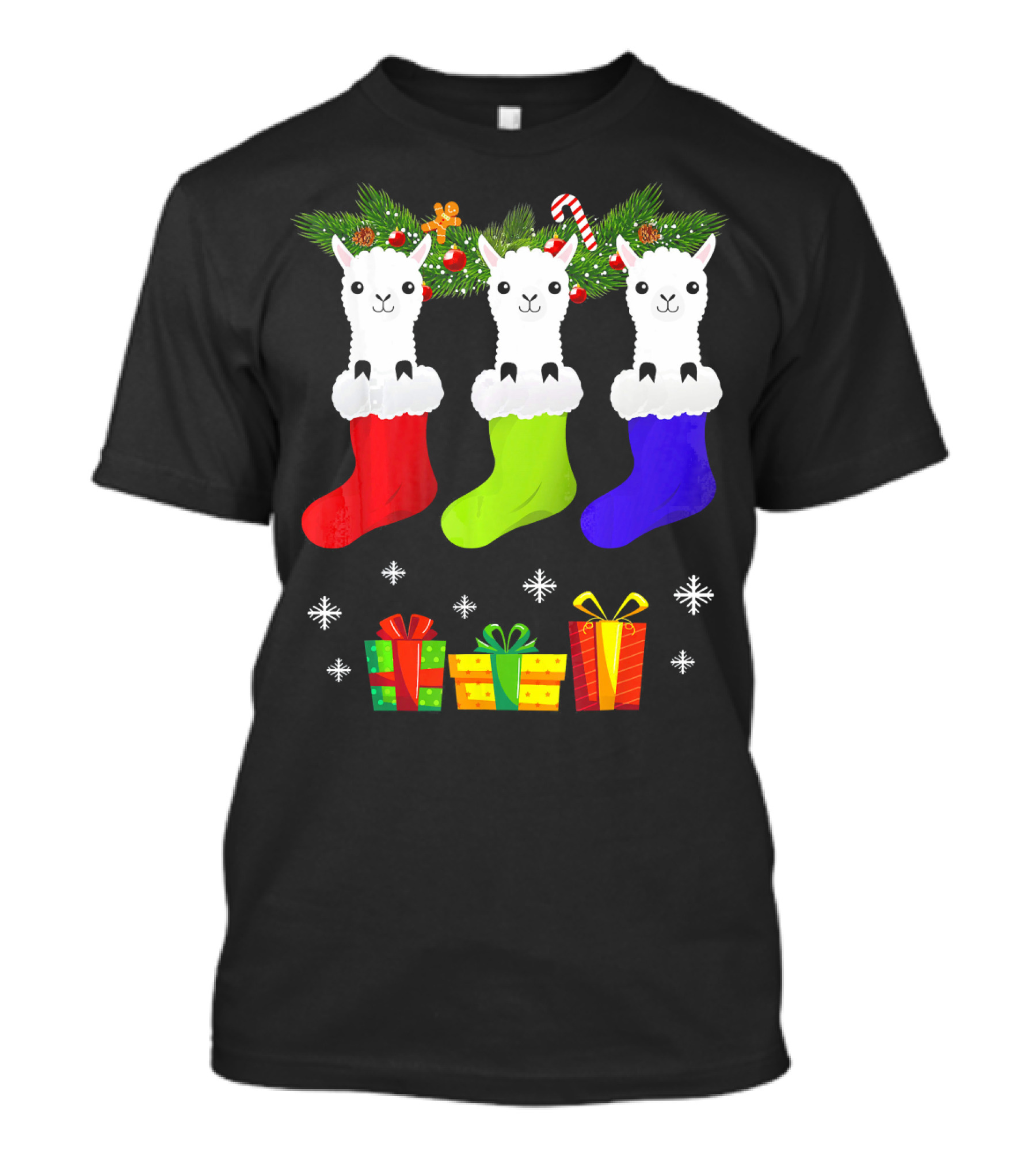 Christmas Sock Llama Santa Hat Holiday Presents Snowflakes T-Shirt