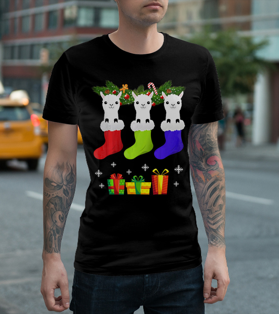 Christmas Sock Llama Santa Hat Holiday Presents Snowflakes T-Shirt
