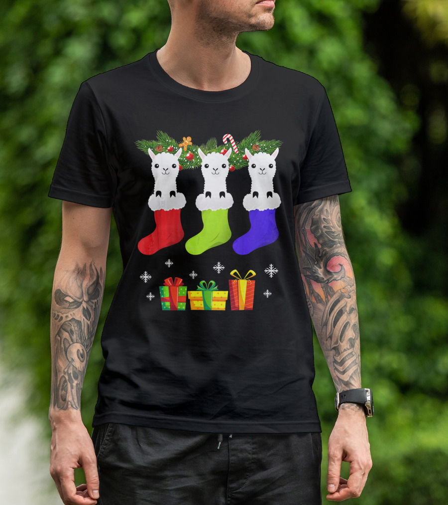 Christmas Sock Llama Santa Hat Holiday Presents Snowflakes T-Shirt