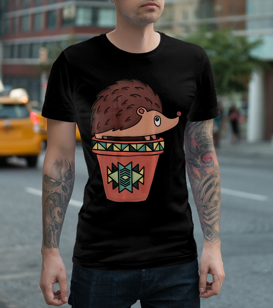 Cute Hedgehog in Patterned Pot T-Shirt