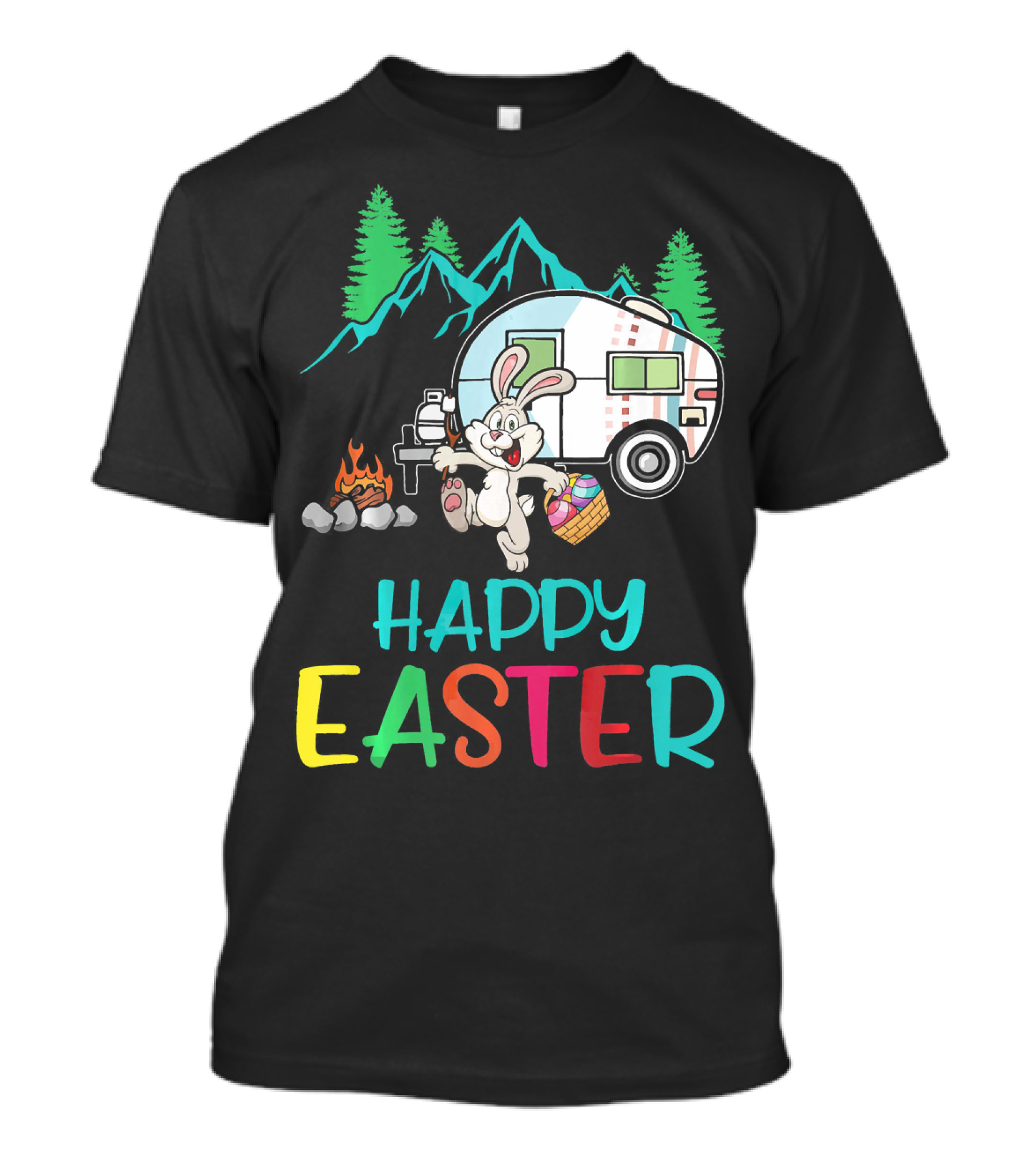 Happy Easter Camping Bunny With Egg And Fire T-Shirt