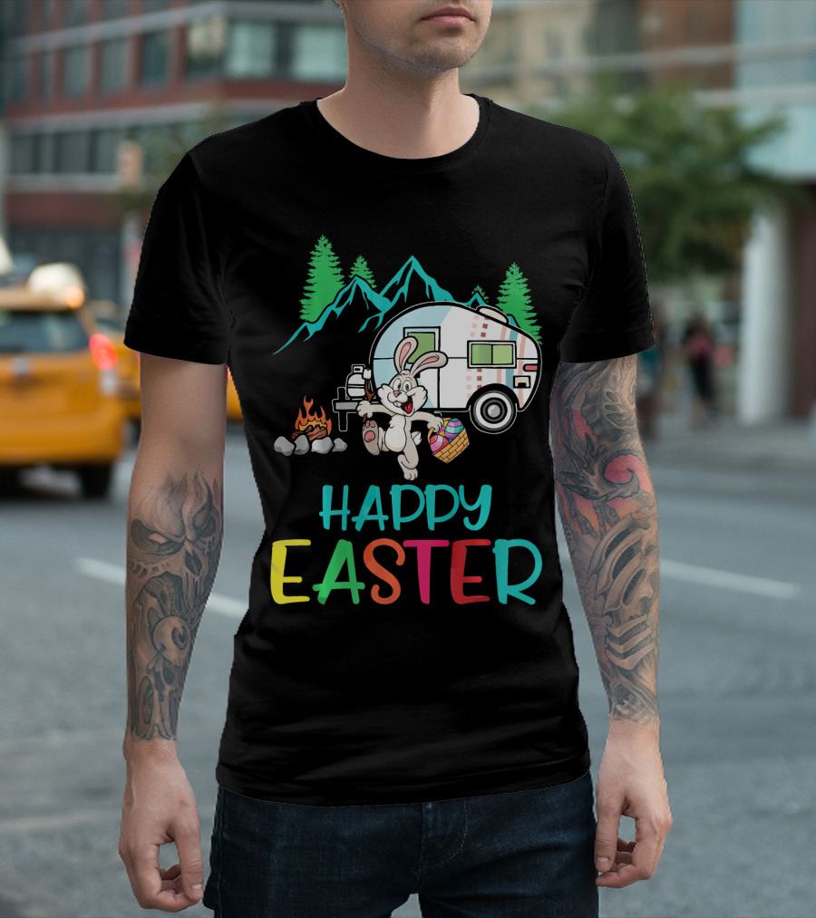 Happy Easter Camping Bunny With Egg And Fire T-Shirt