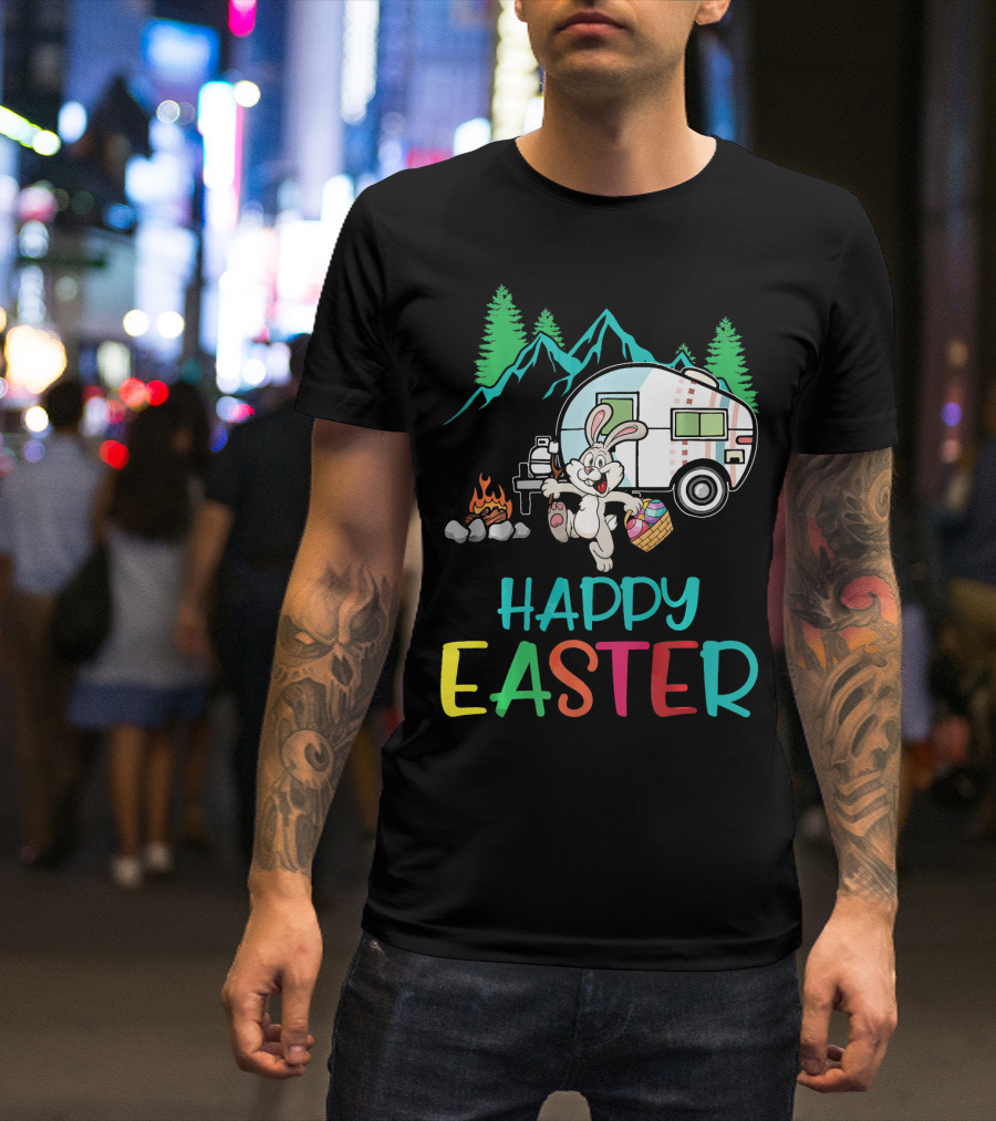 Happy Easter Camping Bunny With Egg And Fire T-Shirt