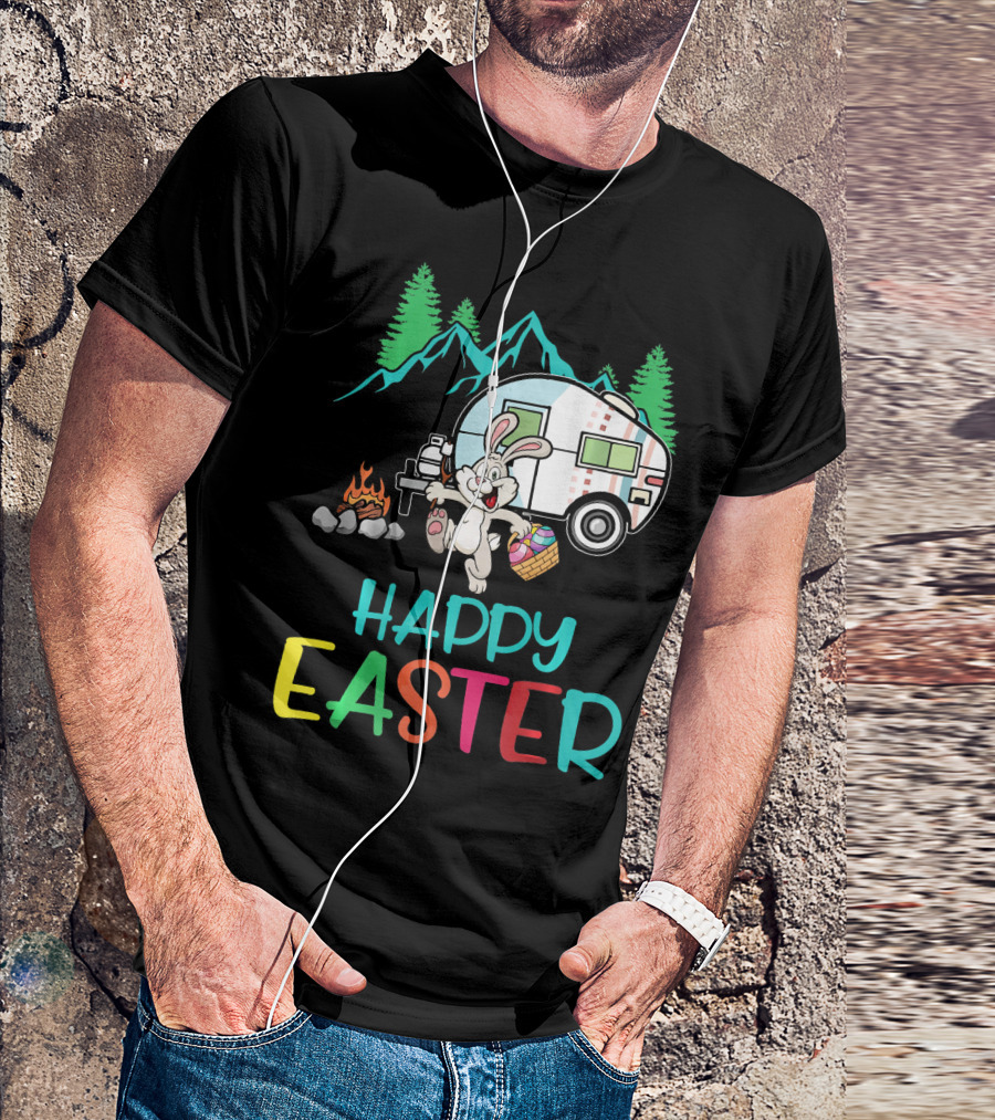 Happy Easter Camping Bunny With Egg And Fire T-Shirt