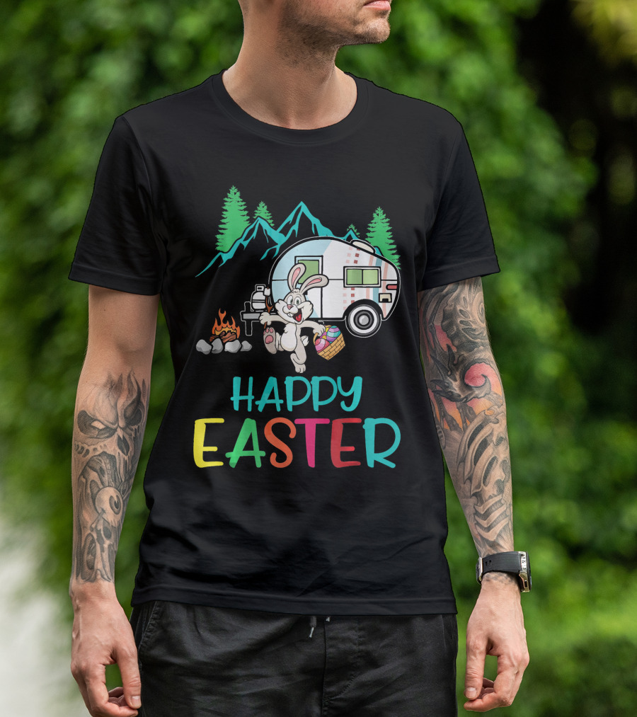 Happy Easter Camping Bunny With Egg And Fire T-Shirt