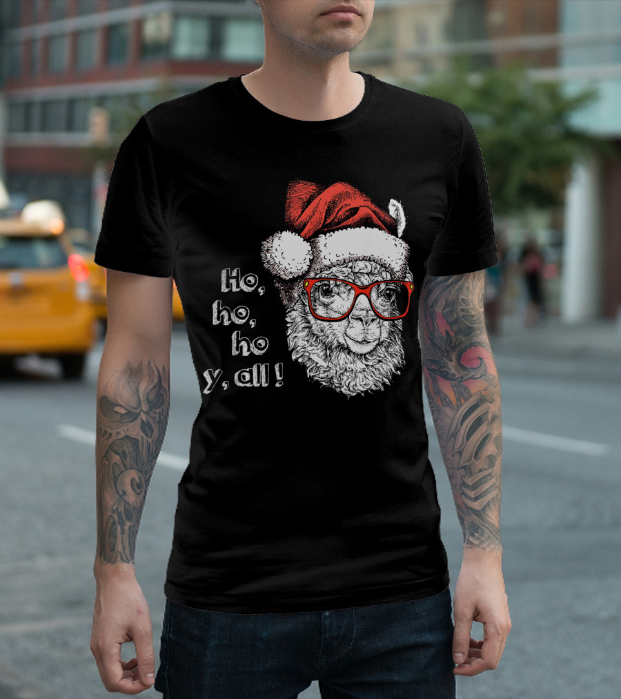 Ho Ho Ho Y'all Santa Llama Christmas Red Glasses T-Shirt