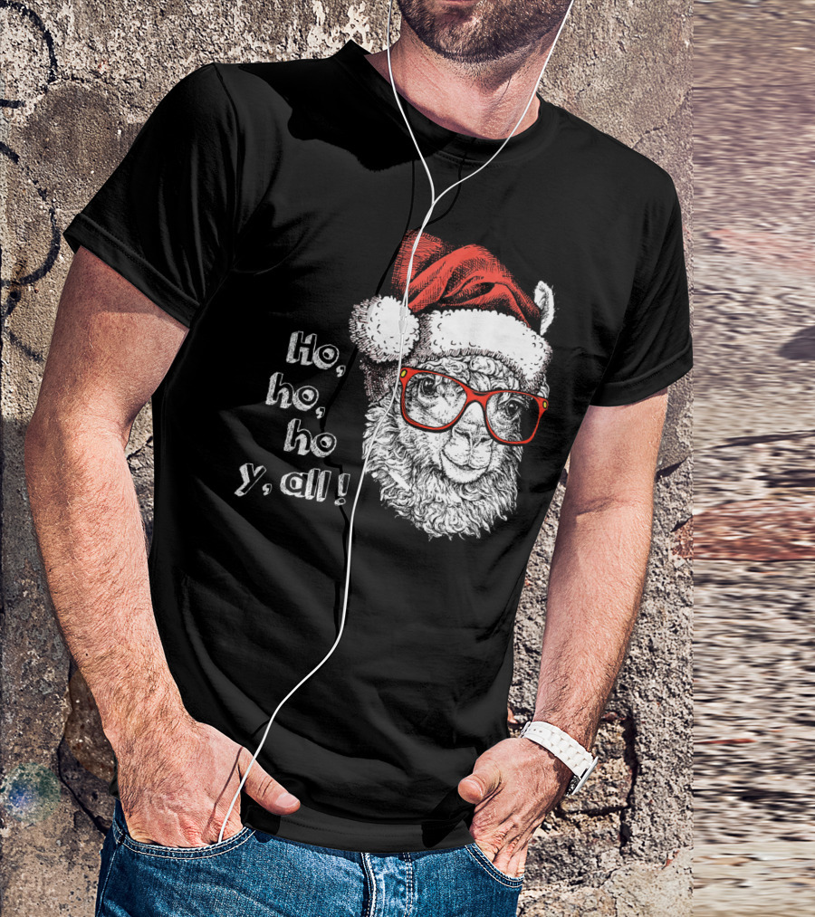 Ho Ho Ho Y'all Santa Llama Christmas Red Glasses T-Shirt