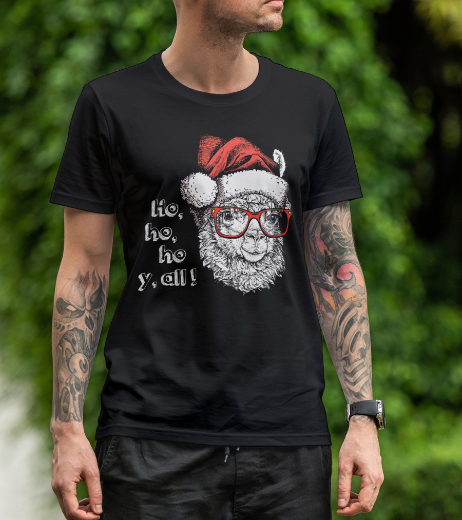 Ho Ho Ho Y'all Santa Llama Christmas Red Glasses T-Shirt