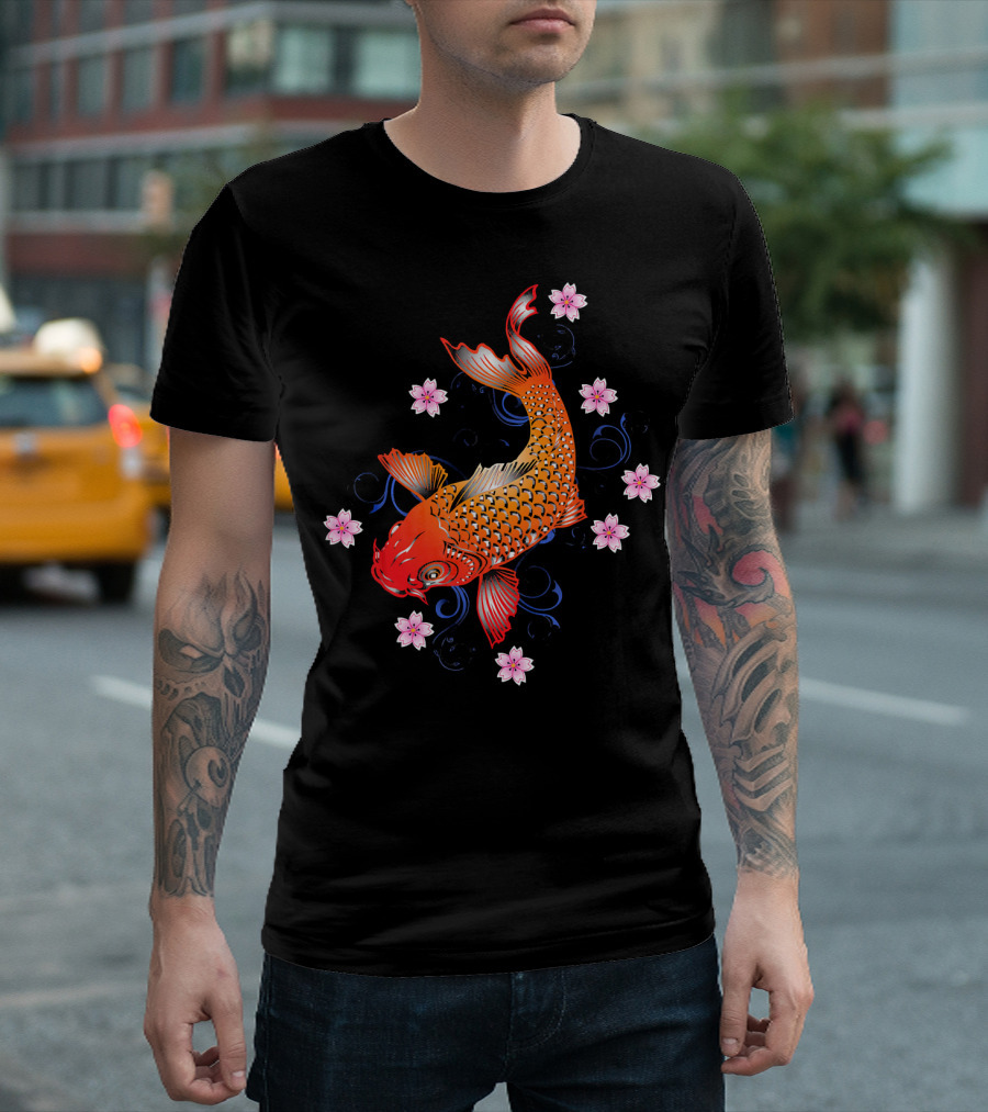 Colorful Japanese Koi Fish with Cherry Blossoms Pond T-Shirt