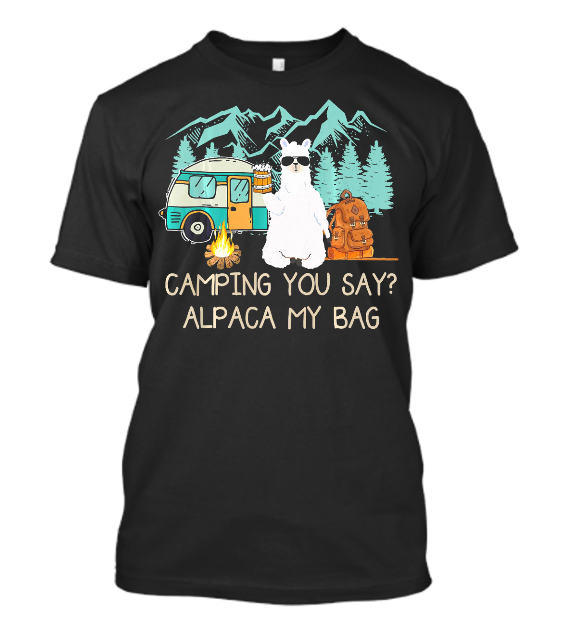 Camping You Say Alpaca My Bag Llama With Campervan And Campfire T-Shirt