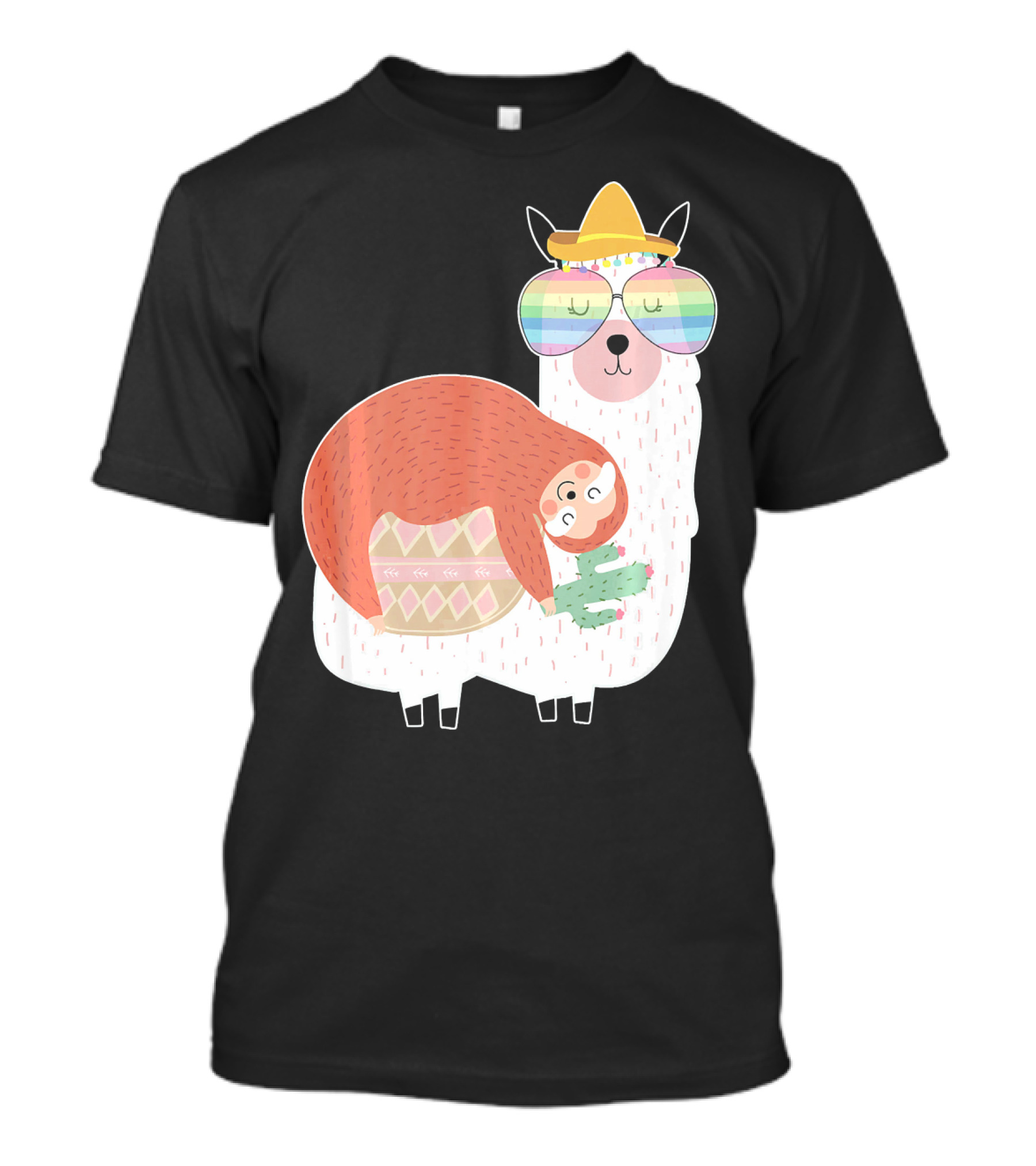 Cute Llama (Alpaca) And Sloth Best Friends Rainbow Glasses Hat T-Shirt