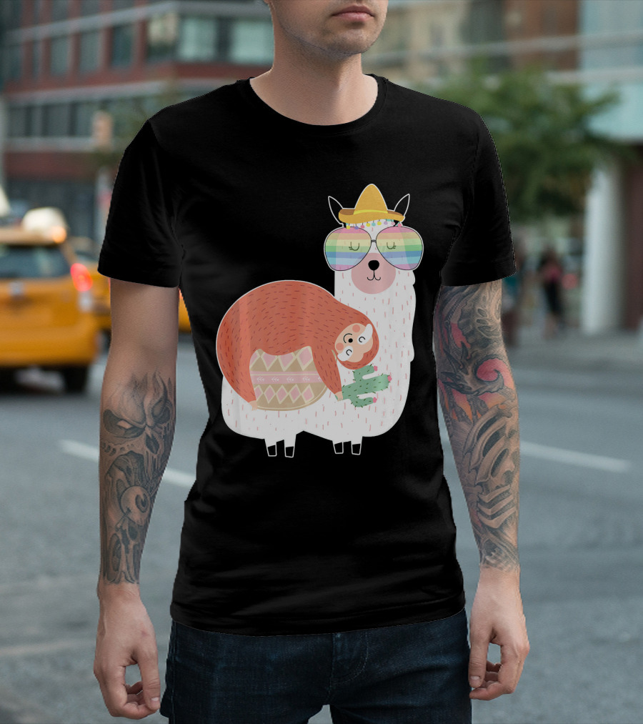 Cute Llama (Alpaca) And Sloth Best Friends Rainbow Glasses Hat T-Shirt