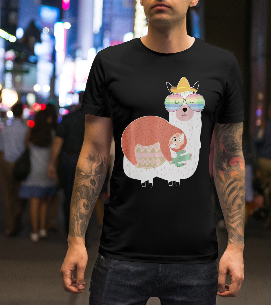 Cute Llama (Alpaca) And Sloth Best Friends Rainbow Glasses Hat T-Shirt